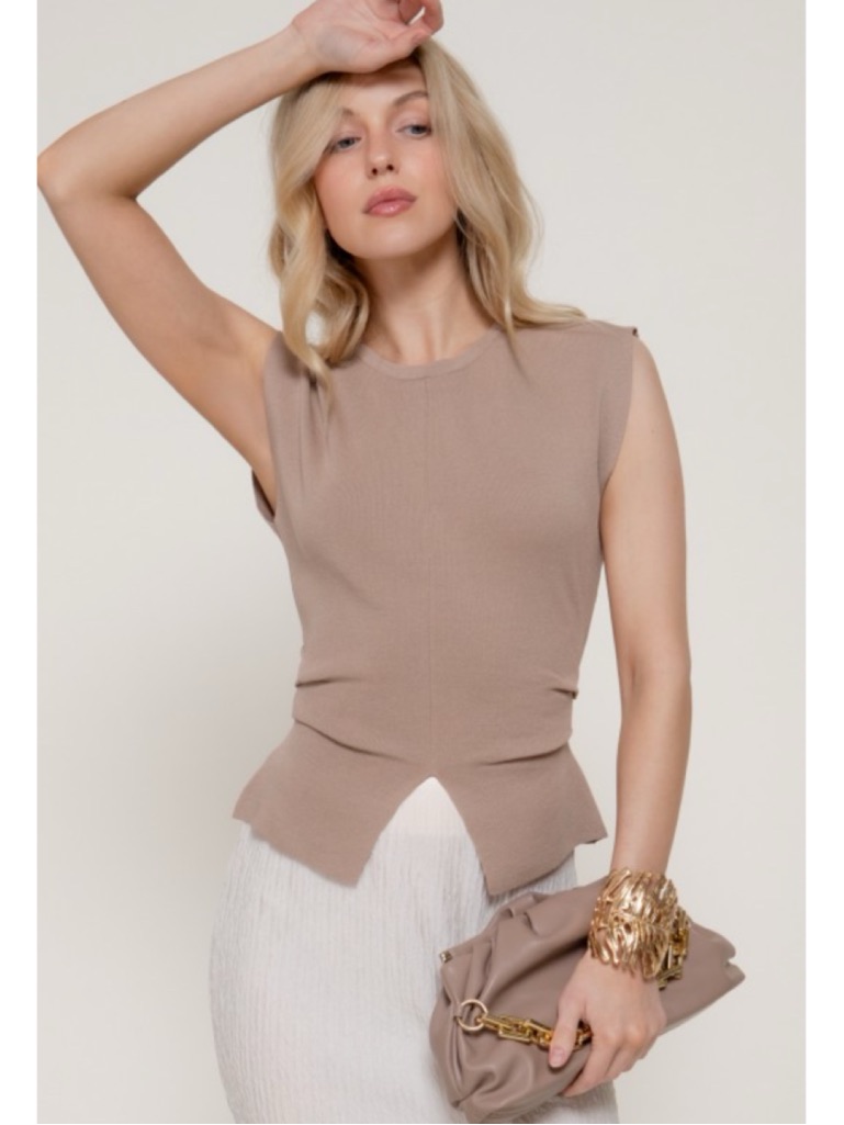 1263 Taupe Rayon Blend Stretch Knit Split Front Pleat Side Top